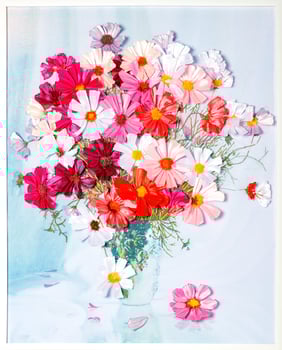 Artistic installation of a bouquet of chrysanthemums using artificial fabric flaps and threads. photo