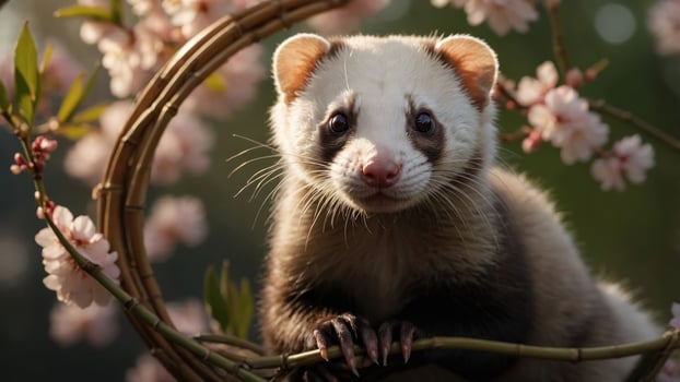 A close-up of a cute animal surrounded by cherry blossoms in a serene setting. photo