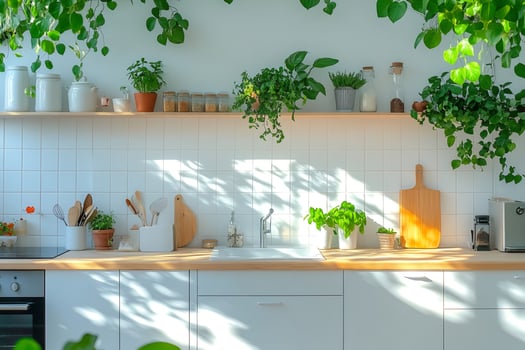 Sunlight illuminating modern kitchen with hanging plants and cooking utensils photo