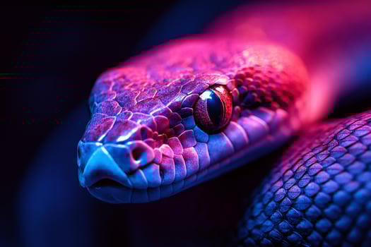 Striking neon colors illuminate the face of a snake photo