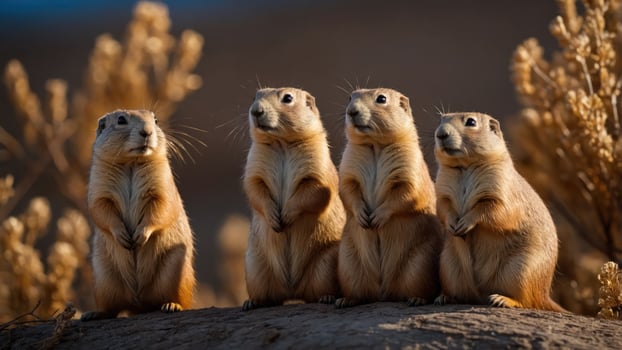 Four prairie dogs standing upright in a natural setting, showcasing their social behavior. photo
