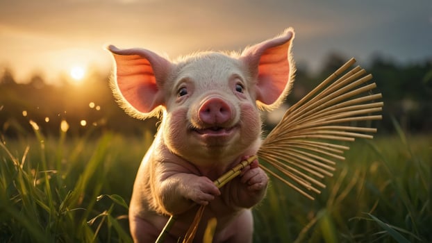 A cheerful piglet holding a broom in a grassy field during sunset. photo