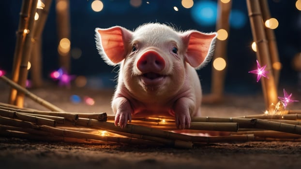 A cute piglet smiling in a cozy setting with twinkling lights. photo
