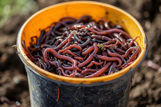 Earthworms crawling in a bucket for fishing or gardening photo