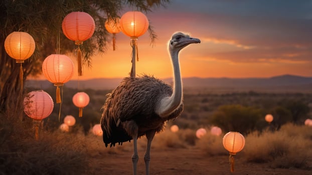 An ostrich stands amidst glowing lanterns at sunset in a serene landscape. photo