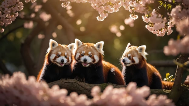 Three red pandas sitting among cherry blossoms in a serene natural setting. photo