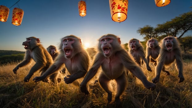 A group of baboons running through a grassy field under lanterns at sunset. photo