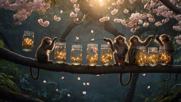 Monkeys gather around glowing jars on a tree branch under blooming flowers. photo