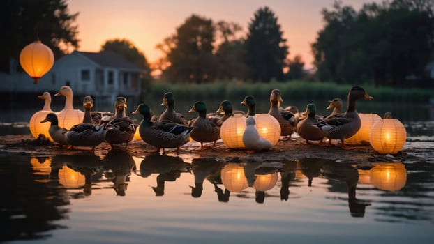 A serene scene of ducks gathered on a floating platform illuminated by lanterns at sunset. photo