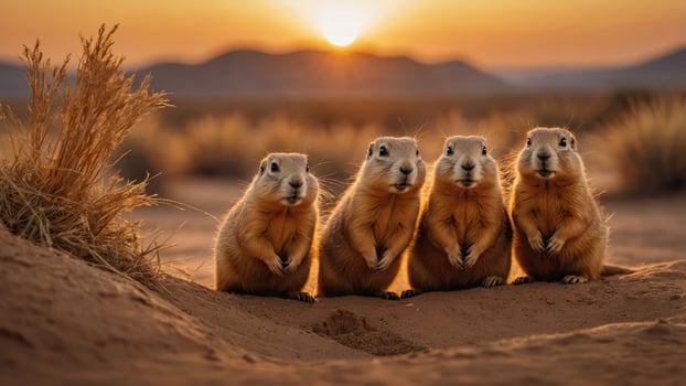 Four prairie dogs standing together at sunset in a desert landscape. photo