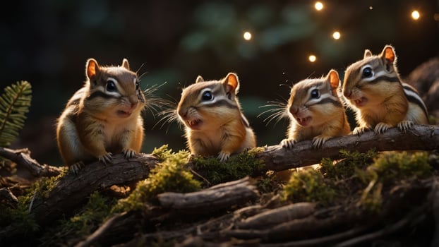 Four chipmunks perched on a log, surrounded by moss and soft lighting. photo