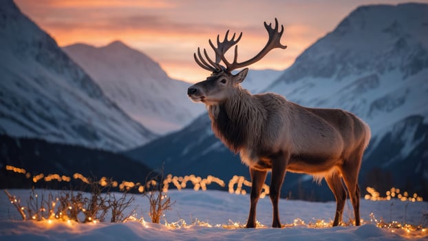 A majestic reindeer stands in a snowy landscape at sunset, surrounded by soft glowing lights. photo