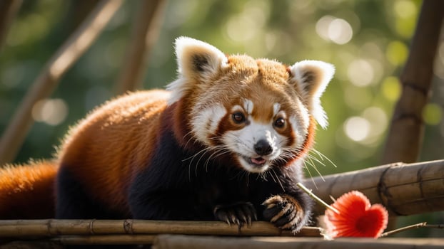 A playful red panda sits on bamboo, holding a heart-shaped object, surrounded by greenery. photo