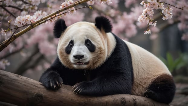 A panda resting on a log surrounded by cherry blossom trees. photo