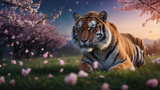 A majestic tiger resting in a serene landscape adorned with cherry blossoms at sunset. photo