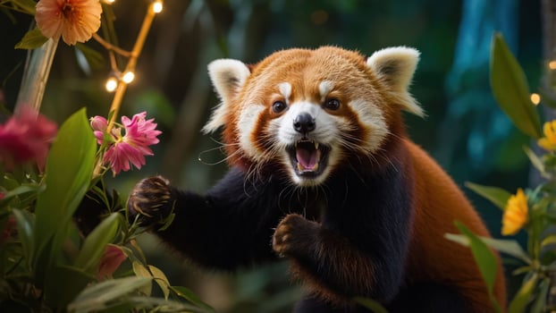 A playful red panda amidst colorful flowers and greenery, showcasing its vibrant fur and expression. photo