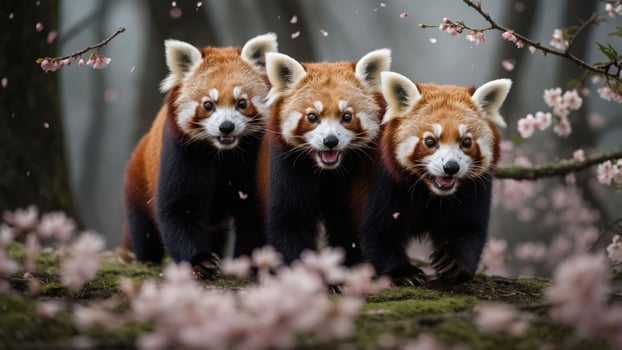 Three red pandas standing among blooming flowers in a misty forest. photo