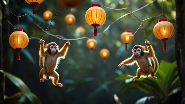 Two monkeys playfully hanging from branches with lanterns in a lush, vibrant jungle setting. photo
