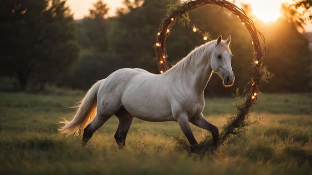 A white horse gracefully trots through a field at sunset, framed by a glowing circular arch. photo