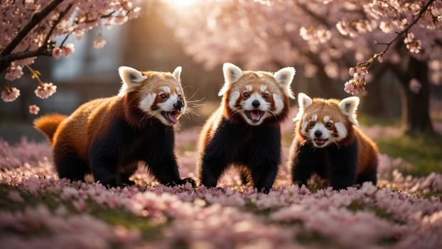 Three red pandas playfully interacting among cherry blossom trees at sunset. photo