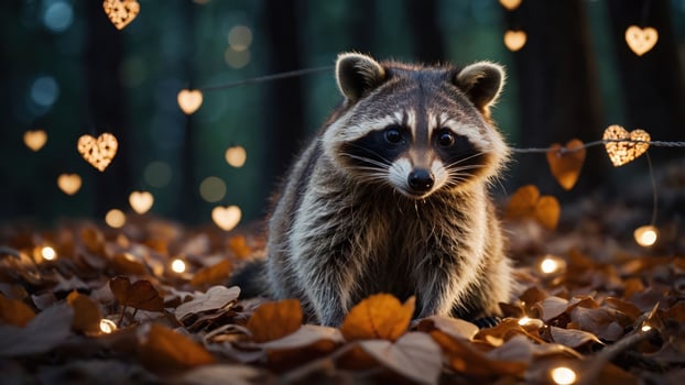 A raccoon sits among autumn leaves, illuminated by heart-shaped lights in a forest setting. photo