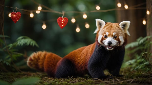 A red panda in a forest setting, adorned with heart decorations and fairy lights. photo