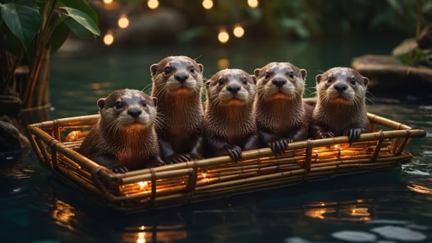 Five otters sitting together in a bamboo basket on a serene water surface with lights. photo