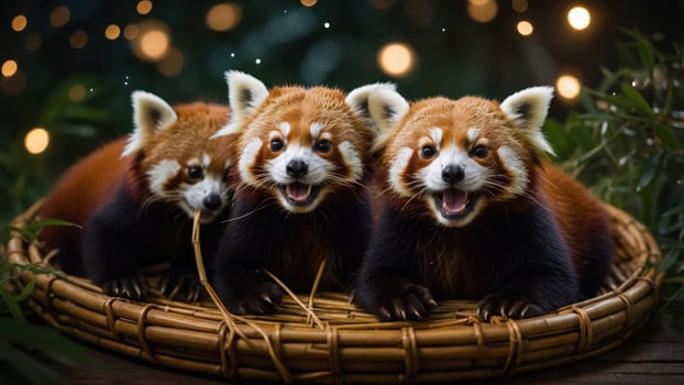Three adorable red pandas playfully lounging in a basket with a soft, magical background. photo