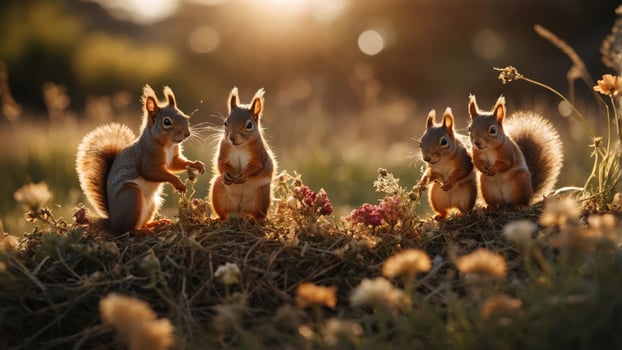 Four squirrels interacting in a sunlit meadow filled with flowers. photo