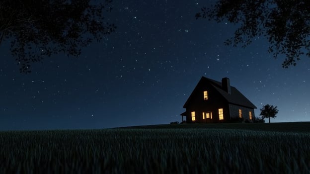 Cozy house illuminated at night on tranquil starry landscape with silhouetted trees photo