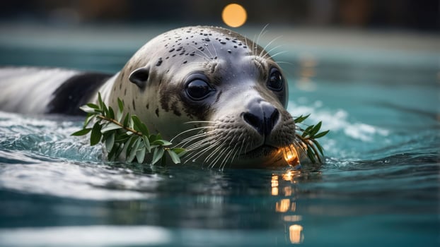A seal swimming with a wreath of leaves, creating a serene aquatic scene. photo