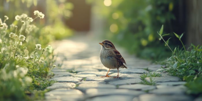 Small bird on cobblestone path surrounded by greenery in a peaceful garden setting photo