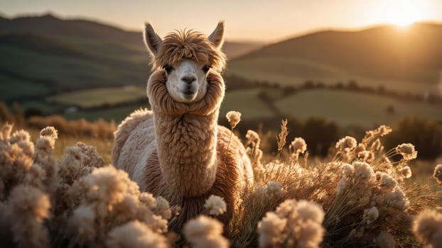 A serene alpaca in a golden field at sunset, showcasing nature's beauty. photo