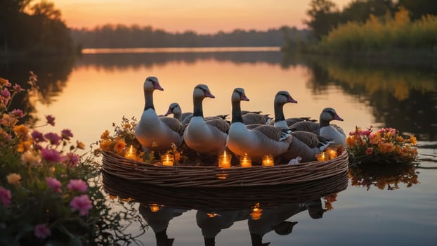 A serene scene of ducks on a floating basket surrounded by flowers at sunset. photo