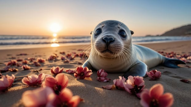 A seal resting on a beach surrounded by flowers at sunset. photo