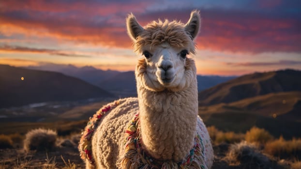 A close-up of a fluffy llama against a colorful sunset backdrop. photo