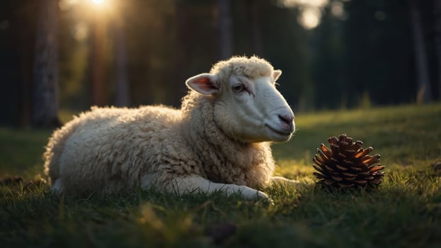 A sheep resting on grass beside a pine cone, illuminated by soft sunlight. photo