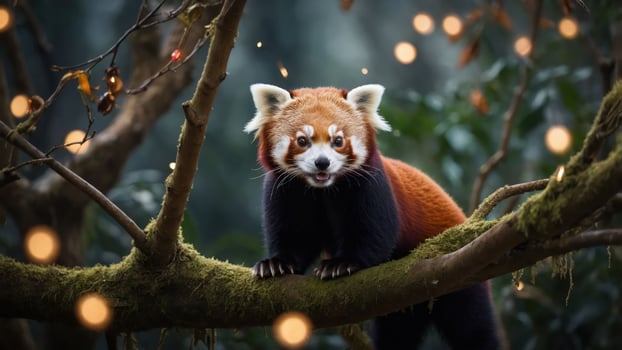 A red panda perched on a tree branch amidst a magical forest setting with glowing lights. photo