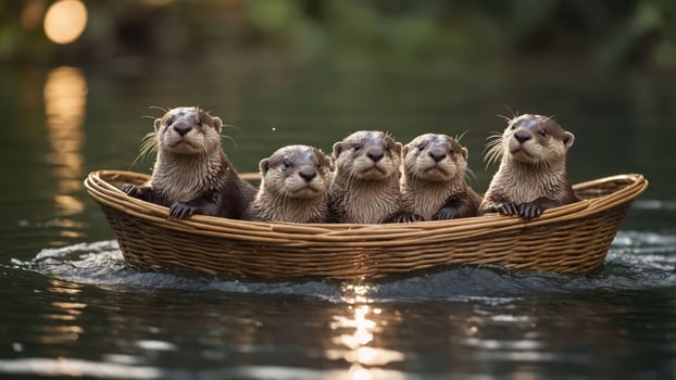 A group of otters happily sitting in a woven boat on a serene body of water. photo