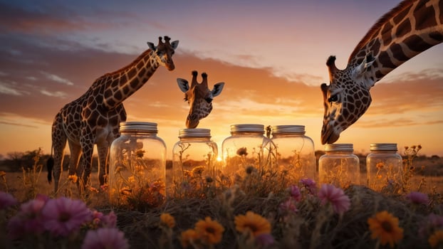 Giraffes curiously examine jars amidst a colorful sunset and blooming flowers. photo