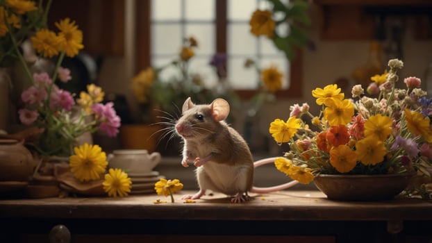 A cute mouse interacts with vibrant flowers on a rustic kitchen table. photo