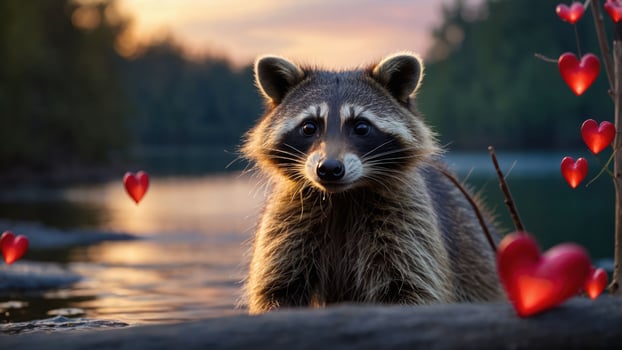 A raccoon by the water surrounded by floating hearts at sunset. photo