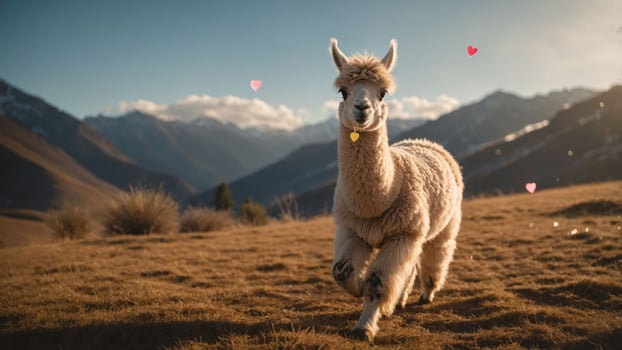 A playful llama running in a scenic mountain landscape, surrounded by a warm sunset glow. photo