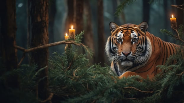A majestic tiger rests among trees with candles, creating a mystical forest atmosphere. photo