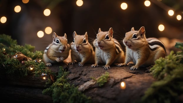 Four chipmunks sitting on a log surrounded by greenery and soft lights. photo