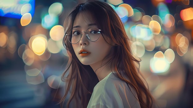 Enigmatic Portrait of a Young Woman in City Lights photo