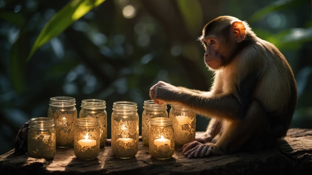 A monkey interacts with lit candles in a serene forest setting. photo