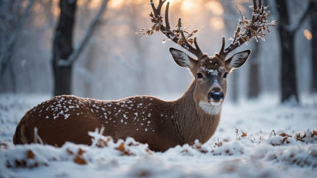 A majestic deer resting in a snowy landscape, surrounded by trees. photo
