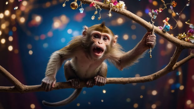 A lively monkey perched on a branch, surrounded by colorful decorations and lights. photo