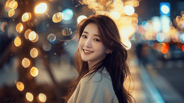 Smiling Woman with Bokeh Lights at Night photo